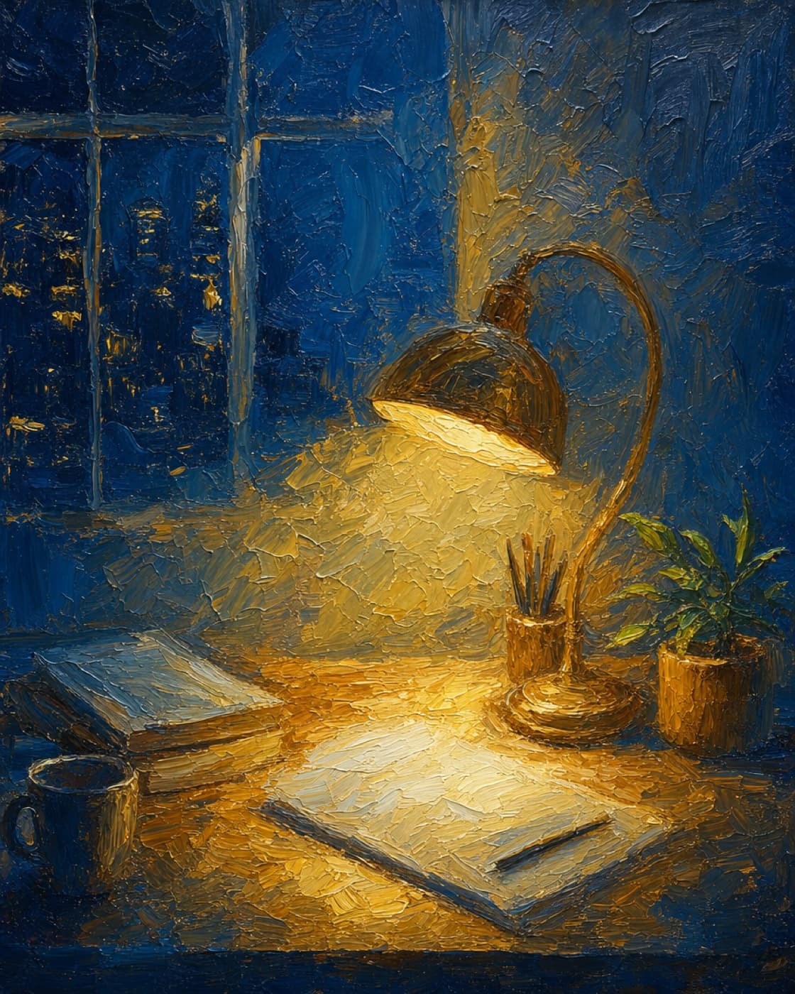 A freelancer's lamp-lit desk at night, painted
